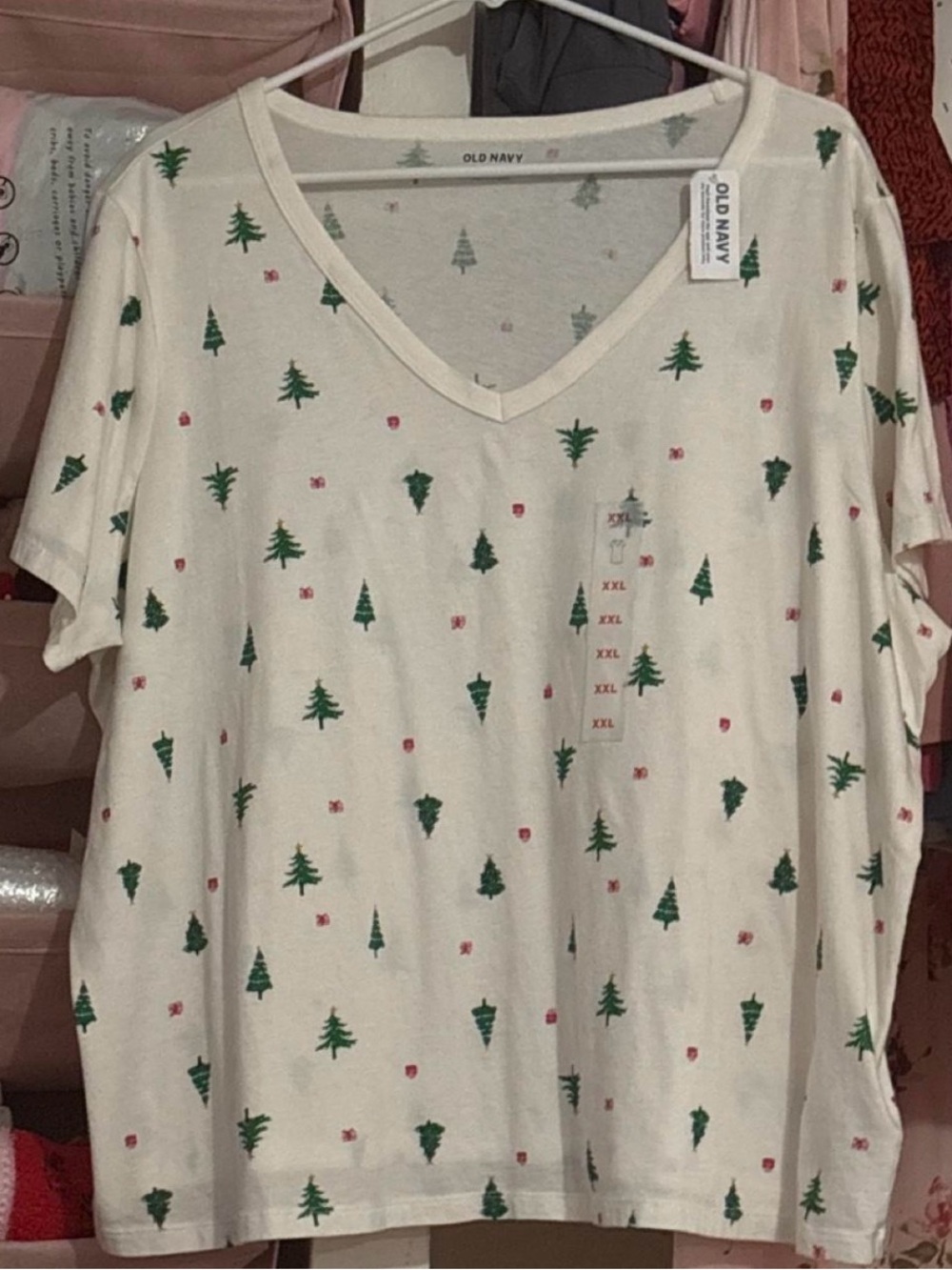 Old Navy Cream V-Neck Tee with Green Tree and Red Dot Print